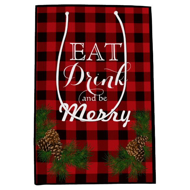Sac Cadeau Moyen Eat, drink, be merry - Holiday pinecone red plaid  (Devant)