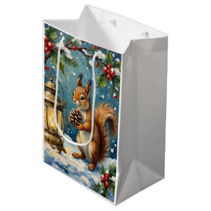 Sac Cadeau Moyen Écureuil vintage avec lanterne de Noël en hiver