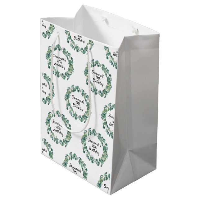 Sac Cadeau Moyen Eeucalyptus vert d'anniversaire nom script (Dos Angle)