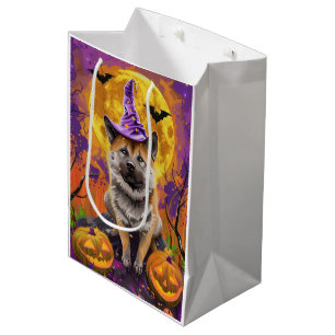 Sac Cadeau Moyen Éffrayant Akita Halloween Witch et Citrouille