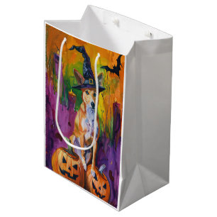 Sac Cadeau Moyen Éffrayant Basenji Halloween sorcière et Citrouille
