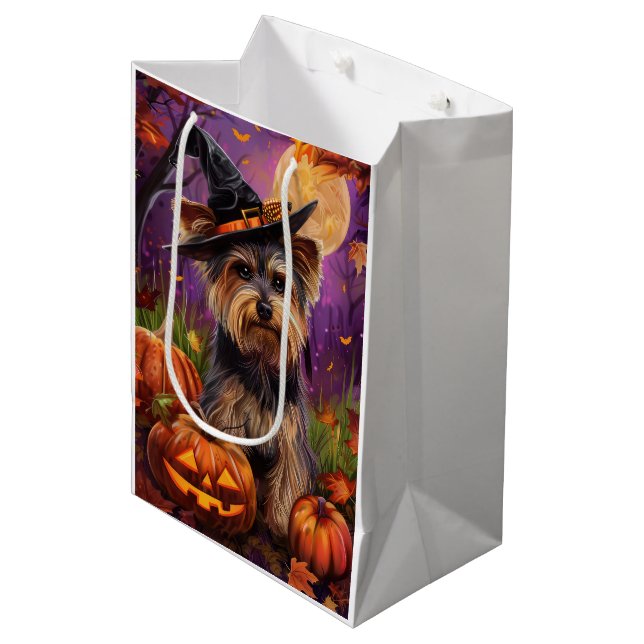 Sac Cadeau Moyen Éffrayant Biewer Terrier Halloween Witch Et Citrou (Devant Angle)