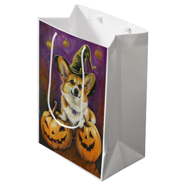 Sac Cadeau Moyen Éffrayant Corgi Chien Halloween Citrouille sorcier (Devant Angle)