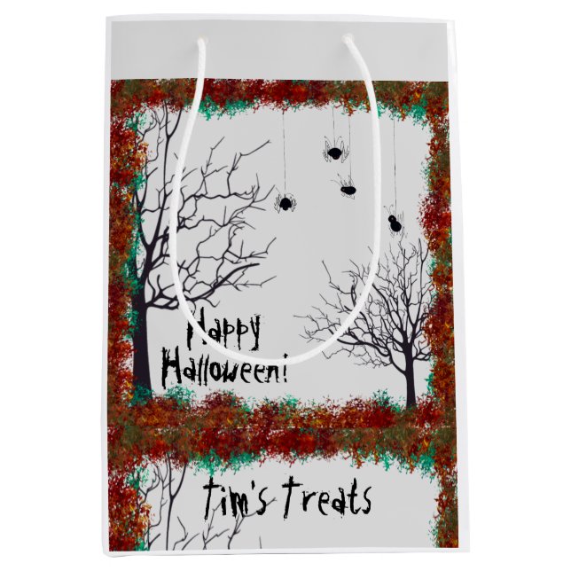 Sac Cadeau Moyen Éffrayant Halloween Arbres Foliage Bordure Personn (Devant)