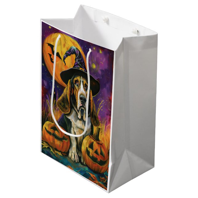Sac Cadeau Moyen Éffrayant Halloween Hound Sorcière Et Citrouille (Devant Angle)