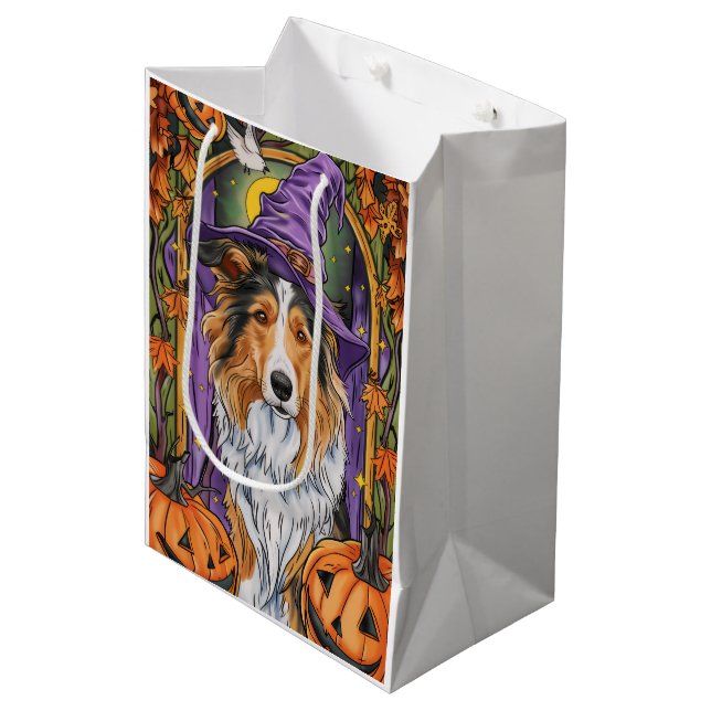 Sac Cadeau Moyen Éffrayant Rough Collie Chien Halloween Citrouille  (Devant Angle)