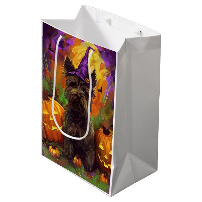 Sac Cadeau Moyen Éffrayant Skye Terrier Chien Halloween Citrouille  (Devant Angle)