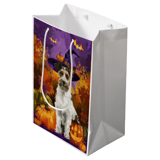 Sac Cadeau Moyen Éffrayant Wirefox Terrier Chien Halloween Citrouil (Devant Angle)