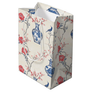 Sac Cadeau Moyen Elégance orientale : Porcelaine bleue et fleurs