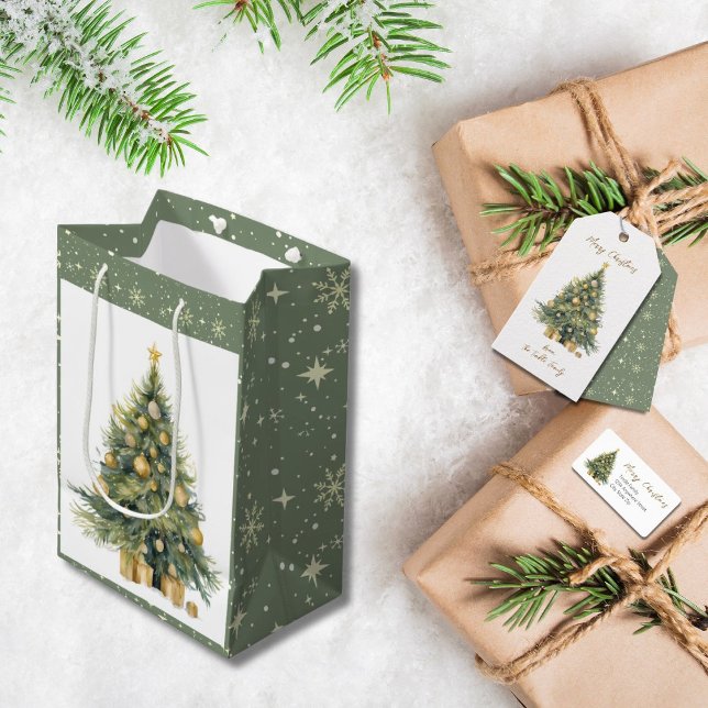 Sac Cadeau Moyen Elégant Arbre Aquarelle Or Glittery Cadeau (Créateur téléchargé)