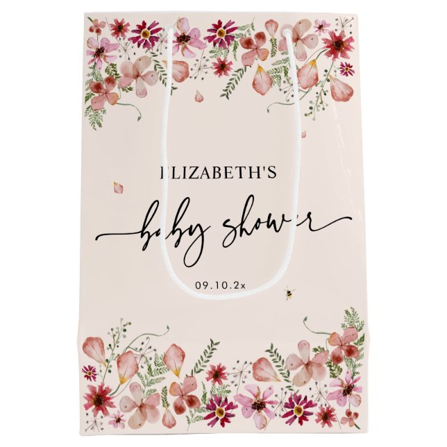 Sac Cadeau Moyen Élégant Baby shower Fleur sauvage rose pâle (Dos)