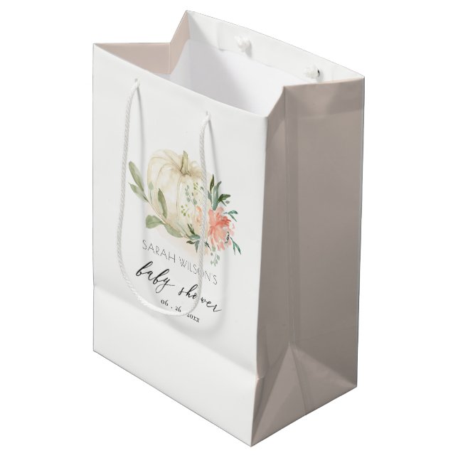Sac Cadeau Moyen Elégant Baby shower floral blanc Citrouille (Devant Angle)
