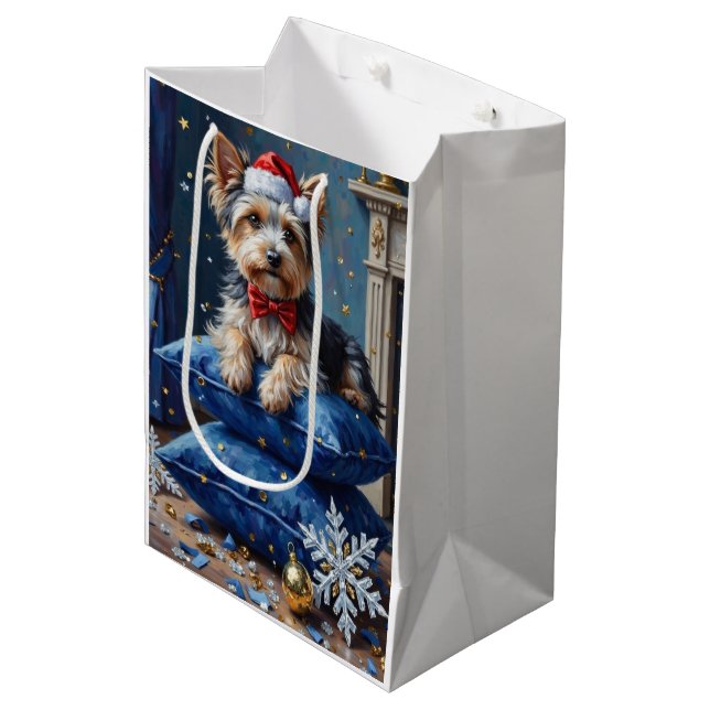 Sac Cadeau Moyen Elegant Biewer Terrier Dog Velvet Christmas (Devant Angle)