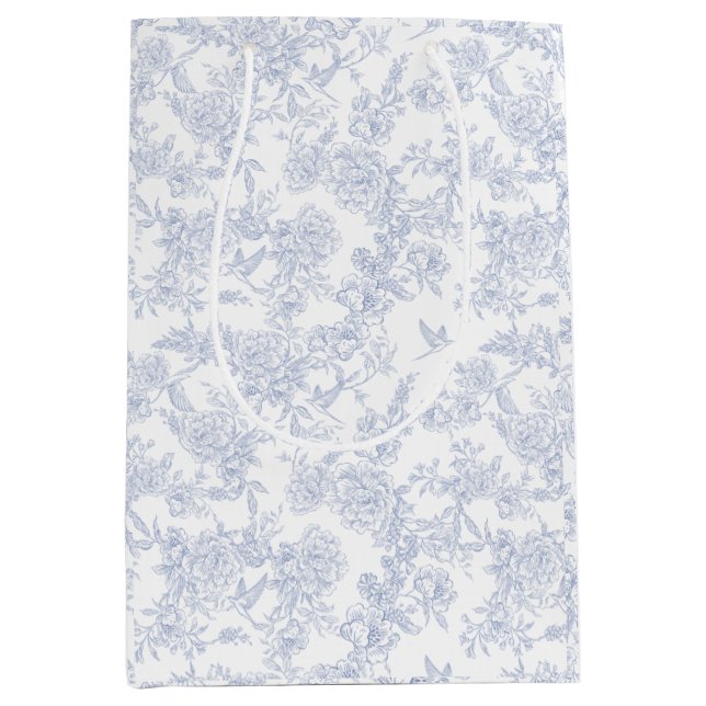 Sac Cadeau Moyen Elégant bleu floral Toile française (Devant)