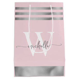 Sac Cadeau Moyen Élégant Bleu rose Argent Striped Monogramme Script