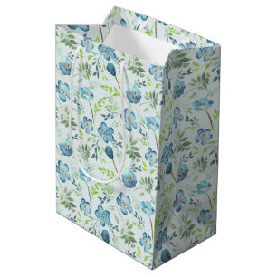 Sac Cadeau Moyen Elégant bleu vert peint à la main Aquarelle Fleurs