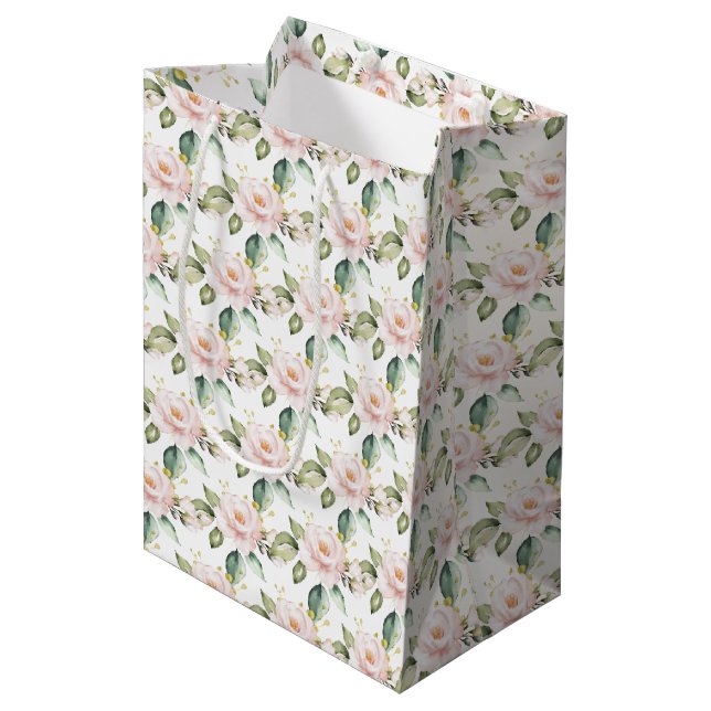 Sac Cadeau Moyen Elégant boho rose rousse roses verdure or (Devant Angle)