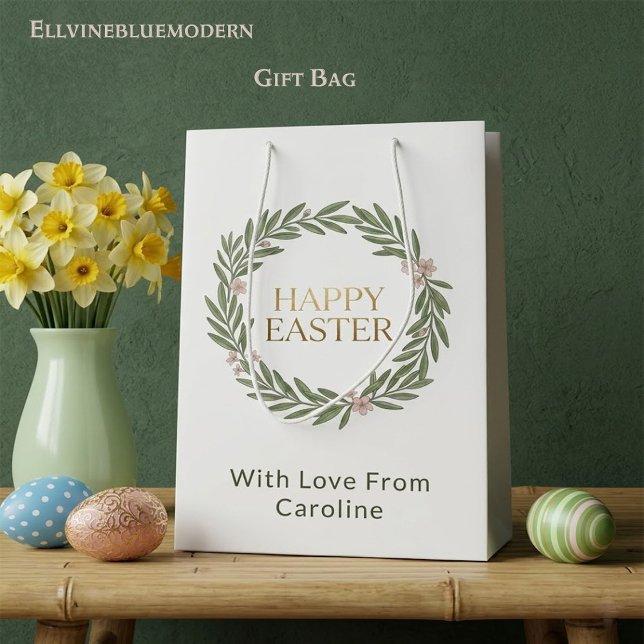 Sac Cadeau Moyen Elegant Botanical Gold Wreath Moss Green Easter (Créateur téléchargé)