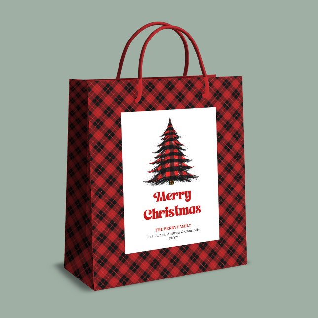 Sac Cadeau Moyen Elegant buffalo plaid Christmas tree gift bag name (Elegant buffalo plaid Christmas tree gift bag name)