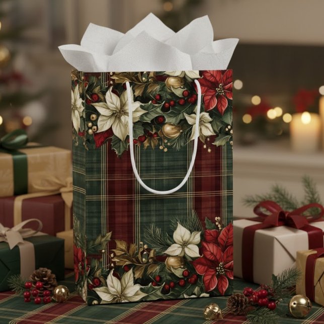 Sac Cadeau Moyen Élégant Classic Plaid Poinsettias Rouge Holly & Or (Créateur téléchargé)