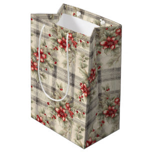 Sac Cadeau Moyen Élégant classique Rouge Poinsettia Tartan Noël