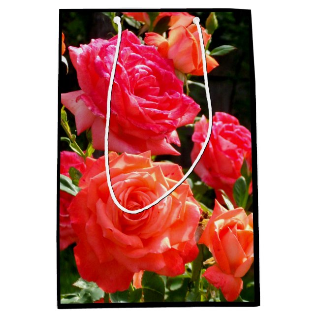 Sac Cadeau Moyen Elégant corail rouge orange rose jardin rose (Devant)