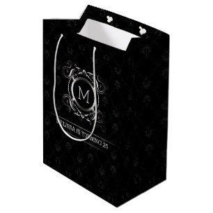 Sac Cadeau Moyen Élégant Damas Noir Avec Cadre Argent