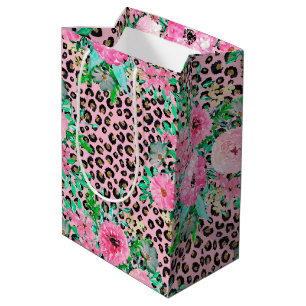 Sac Cadeau Moyen Elégant Empreinte de léopard rose et design floral