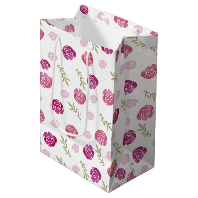 Sac Cadeau Moyen Élégant Feuilles floraux rose et pourpre Rose (Devant Angle)
