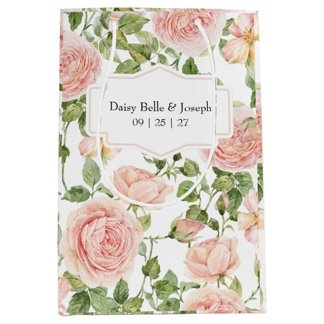 Sac Cadeau Moyen Elegant Floral Botanical Rose Pink Wedding (Devant)