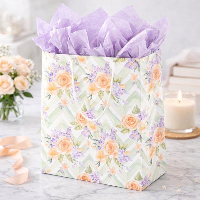 Sac Cadeau Moyen Élégant floral chevron aquarelle vert et violet (Créateur téléchargé)