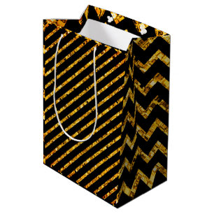 Sac Cadeau Moyen Élégant Glam Chevron Gold Parties scintillant noir