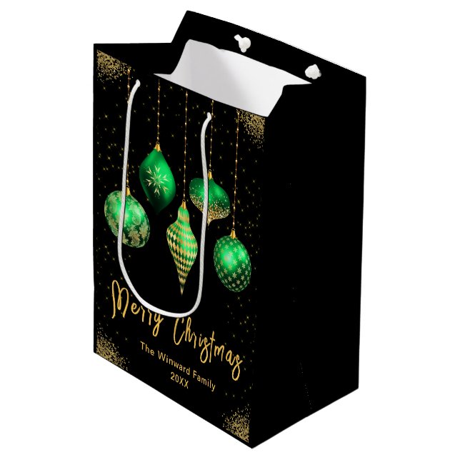 Sac Cadeau Moyen Elegant Gold and Green Ornament Christmas (Devant Angle)