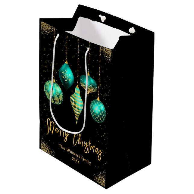 Sac Cadeau Moyen Elegant Gold and Teal Ornament Christmas (Devant Angle)