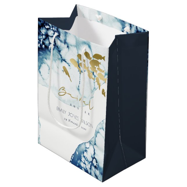SAC CADEAU MOYEN ELÉGANT GOLD NAVY SOUS-MARINE FÊTE DES MARIÉES POI (Devant Angle)