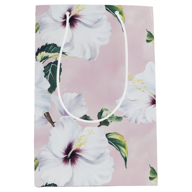 Sac Cadeau Moyen Elégant Hibiscus blanc sur Arrière - plan rose dou (Devant)