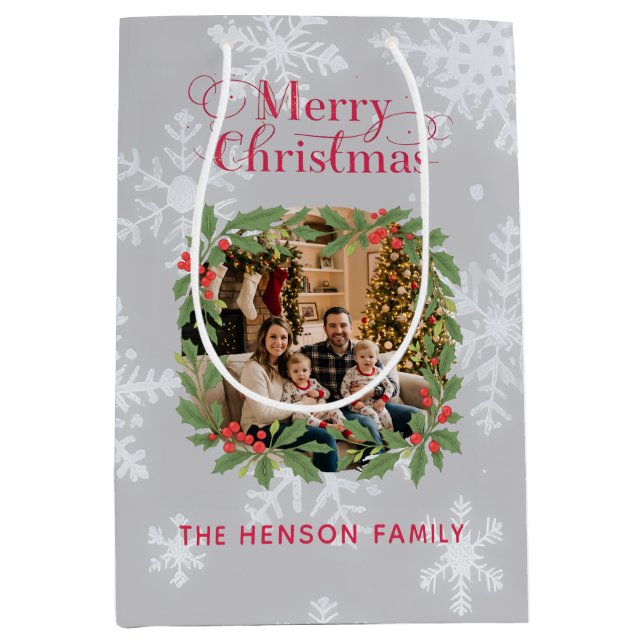 Sac Cadeau Moyen Elegant Holly Wreath Merry Christmas Photo (Devant)