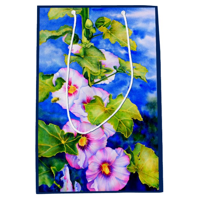 Sac Cadeau Moyen Elégant jardin fleuri rose blanc aquarelle (Devant)