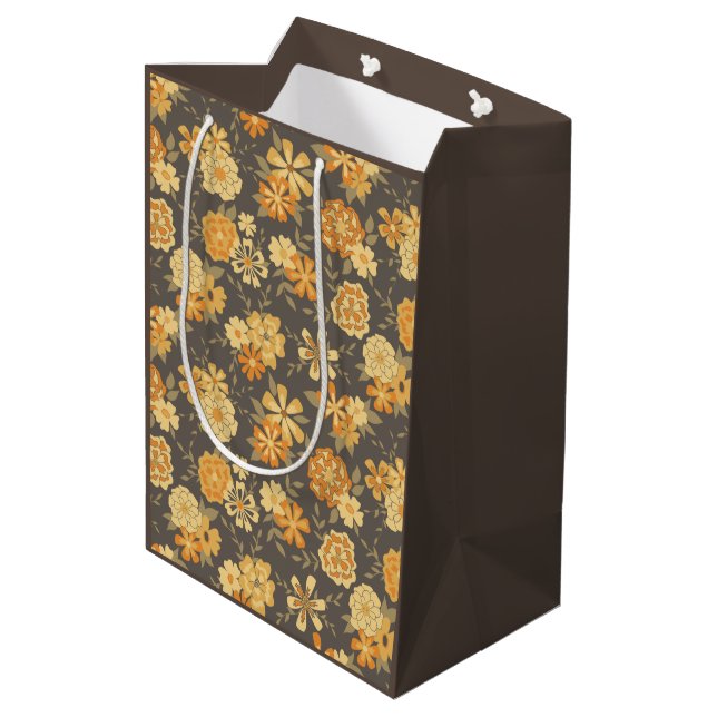 Sac Cadeau Moyen Elégant Jaune Brown Botanique Motif Cadeau (Dos Angle)