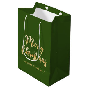 Sac Cadeau Moyen Élégant Joyeux script de Noël or métallique vert