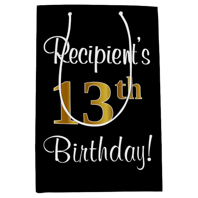 Sac Cadeau Moyen Elégant, Luxueux, Faux Gold Look 13ème anniversair (Devant)