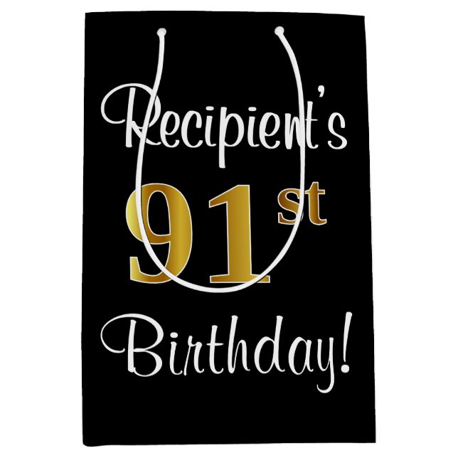 Sac Cadeau Moyen Elégant, Luxueux, Faux Gold Look 91e anniversaire (Devant)