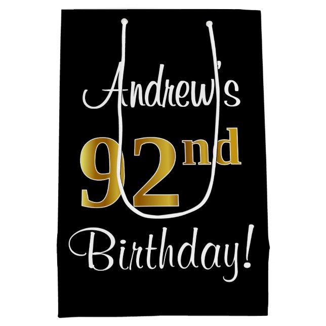 Sac Cadeau Moyen Elégant, Luxueux, Faux Gold Look 92e anniversaire (Dos)