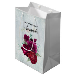 Sac Cadeau Moyen Elégant Magenta Rose Bouquet floral Anniversaire