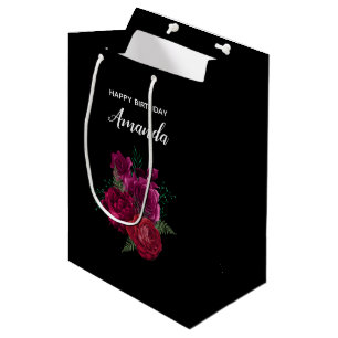 Sac Cadeau Moyen Elégant Magenta Rose Bouquet floral Anniversaire