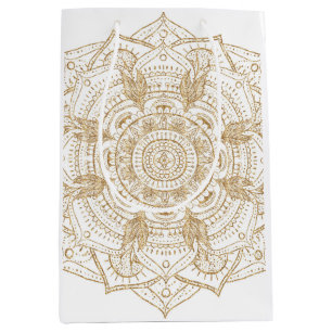 Sac Cadeau Moyen Elégant Mandala Blanc & Or Dessiné À La Main
