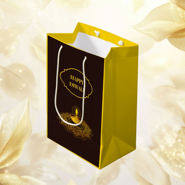 Sac Cadeau Moyen Elégant mandala diya personnalisé diwali or brun (Créateur téléchargé)