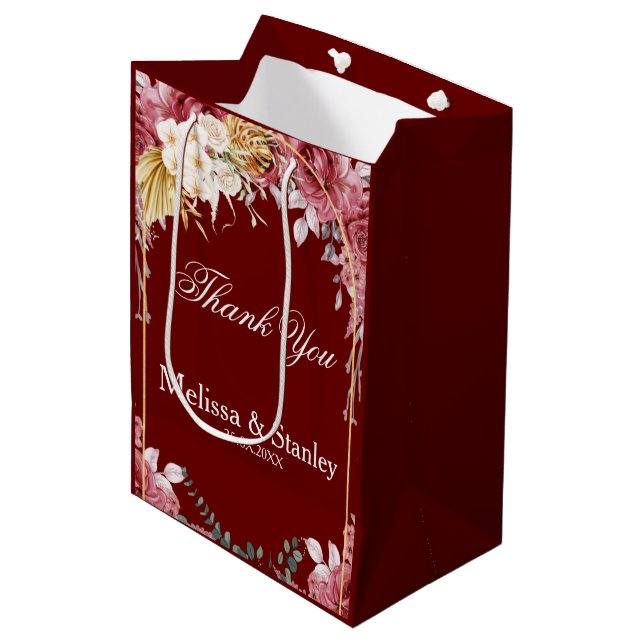 Sac Cadeau Moyen Élégant Mariage d'Eucalyptus Or Bourgogne Floral
