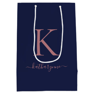 Sac Cadeau Moyen Élégant Marine Blue Rose Rose Gold Monogramme Nom