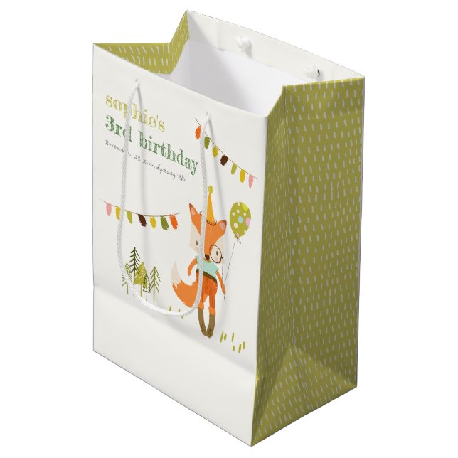 Sac Cadeau Moyen Élégant mignon Woodland Fun Party Fox Anniversaire (Devant Angle)